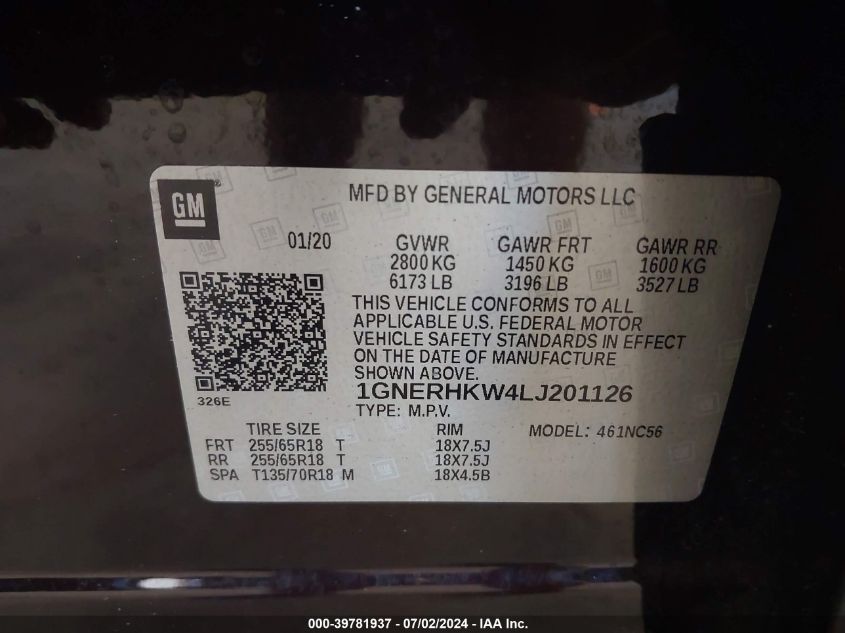 2020 Chevrolet Traverse Lt Leather VIN: 1GNERHKW4LJ201126 Lot: 39781937