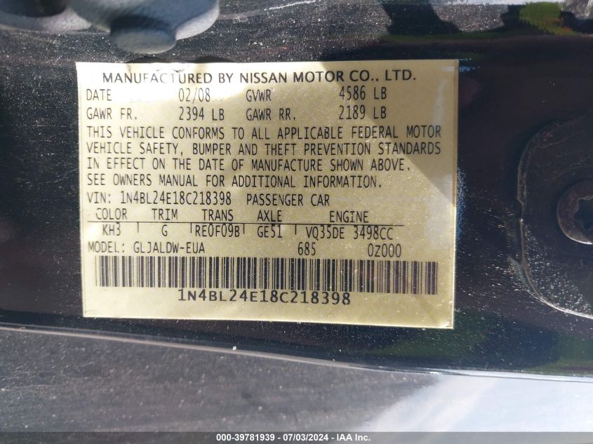 2008 Nissan Altima 3.5 Se VIN: 1N4BL24E18C218398 Lot: 39781939