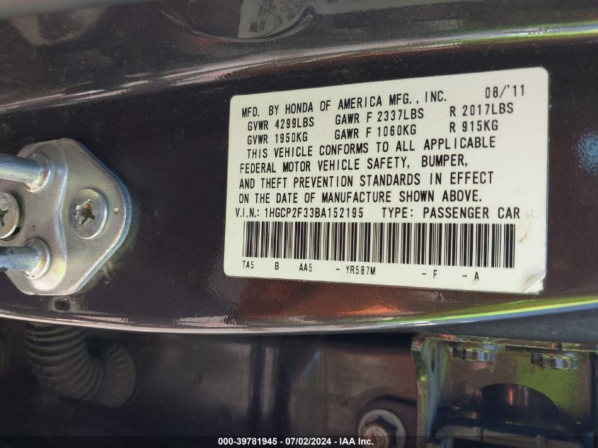 2011 Honda Accord Lx VIN: 1HGCP2F33BA152195 Lot: 39781945