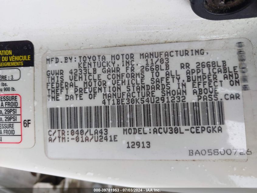 2004 Toyota Camry Xle VIN: 4T1BE30K54U291232 Lot: 39781953