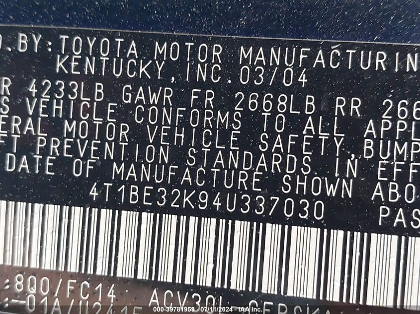 2004 Toyota Camry Se VIN: 4T1BE32K94U337030 Lot: 39781959