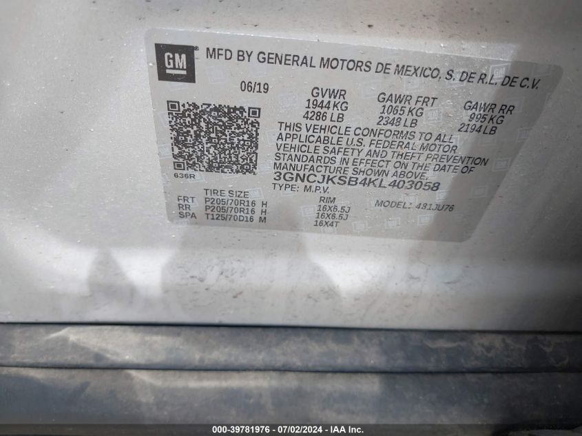 2019 Chevrolet Trax Ls VIN: 3GNCJKSB4KL403058 Lot: 39781976