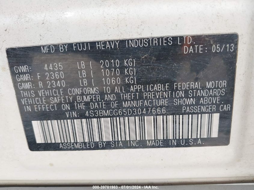 2013 Subaru Legacy 2.5 I Sport VIN: 4S3BMCG65D3047666 Lot: 39781983