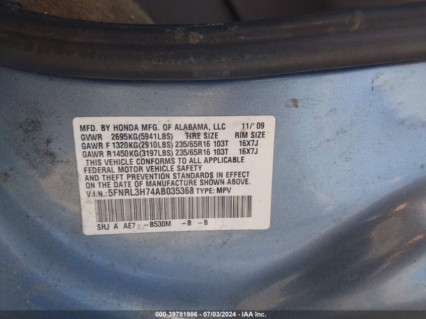 2010 Honda Odyssey Ex-L VIN: 5FNRL3H74AB035368 Lot: 39781986