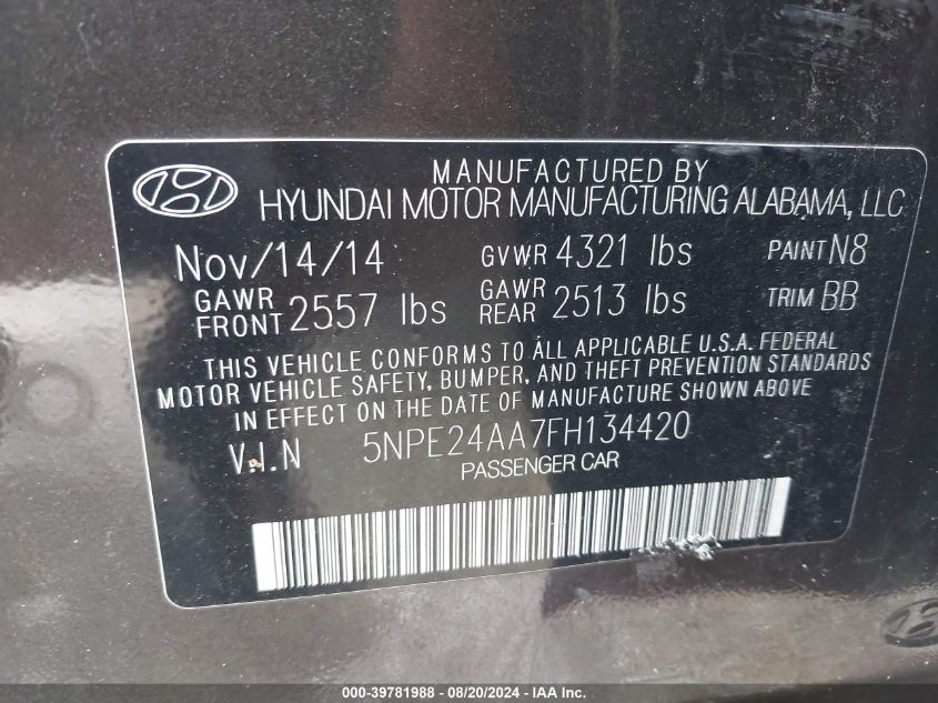 2015 Hyundai Sonata Eco VIN: 5NPE24AA7FH134420 Lot: 39781988