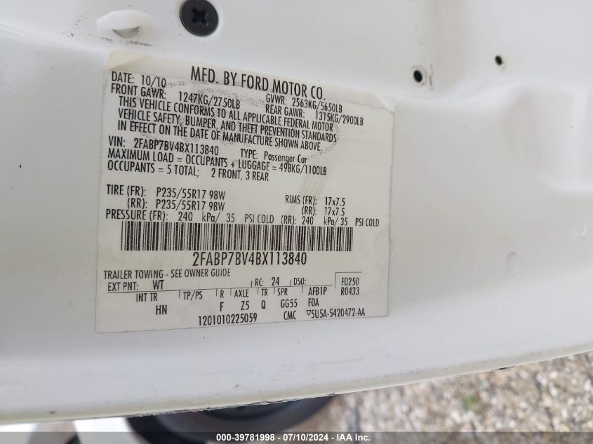 2011 Ford Crown Victoria Police Interceptor VIN: 2FABP7BV4BX113840 Lot: 39781998