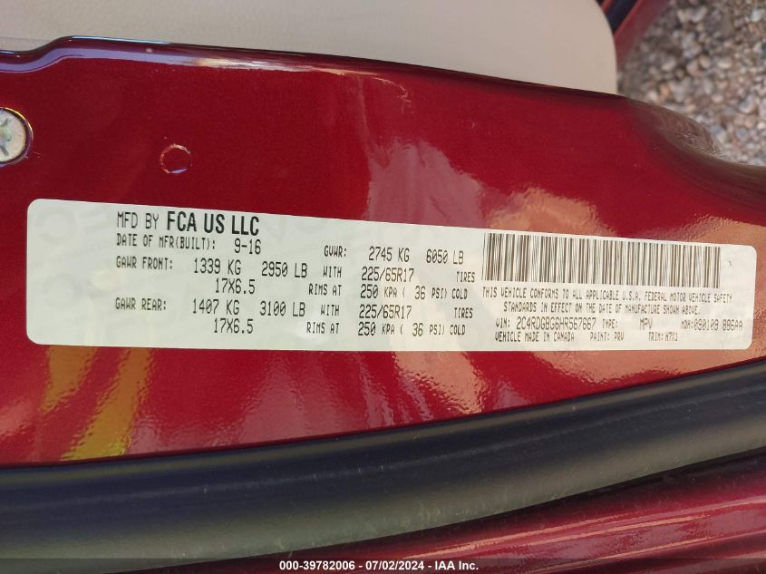 2017 Dodge Grand Caravan Se VIN: 2C4RDGBG6HR567667 Lot: 39782006