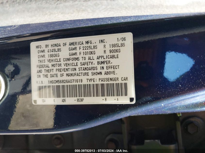 2006 Honda Accord 2.4 Ex VIN: 1HGCM56826A071619 Lot: 39782013