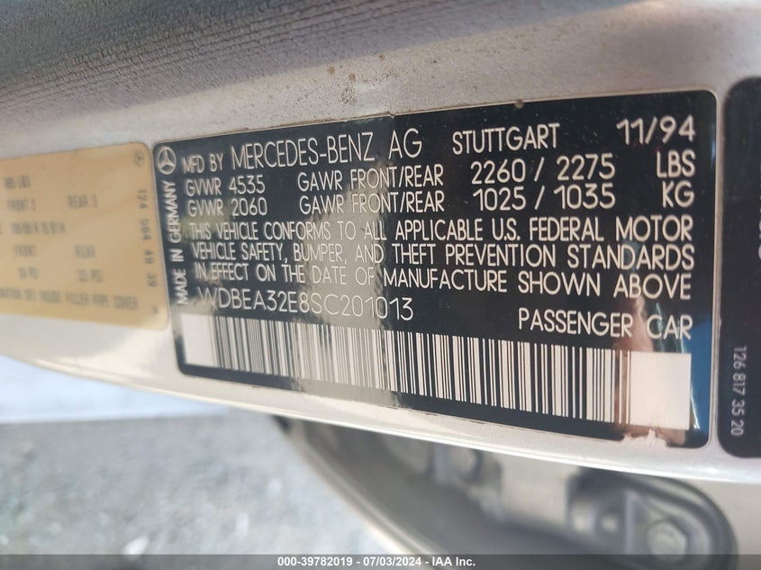 1995 Mercedes-Benz E 320 Base/320 Special VIN: WDBEA32E8SC201013 Lot: 39782019