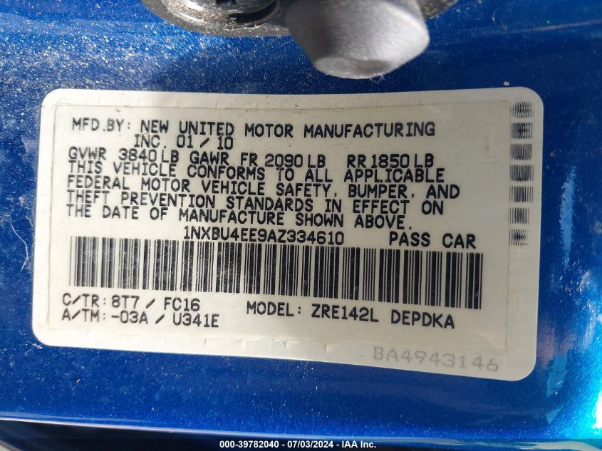 2010 Toyota Corolla Le VIN: 1NXBU4EE9AZ334610 Lot: 39782040