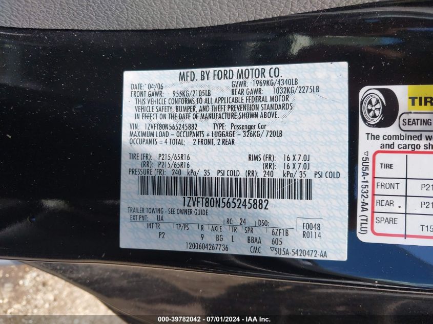 2006 Ford Mustang V6 VIN: 1ZVFT80N565245882 Lot: 39782042