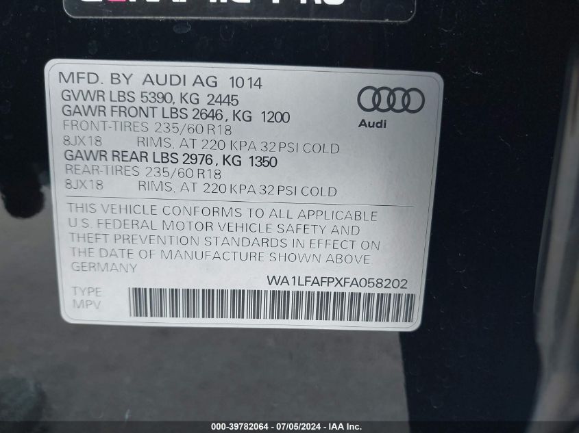 2015 Audi Q5 2.0T Premium VIN: WA1LFAFPXFA058202 Lot: 39782064