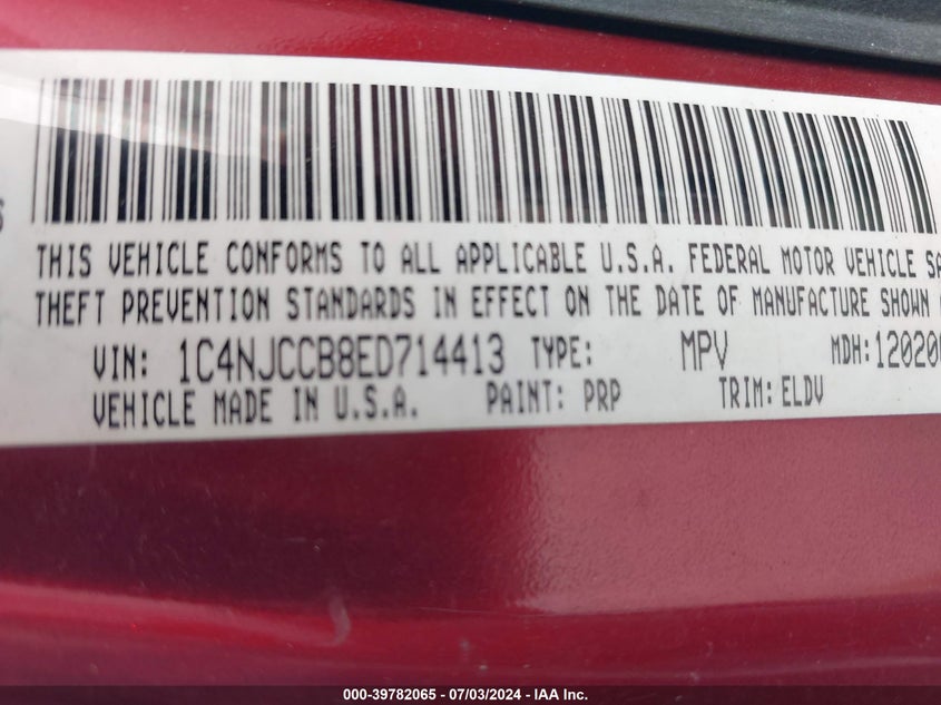 2014 Jeep Compass Limited VIN: 1C4NJCCB8ED714413 Lot: 39782065