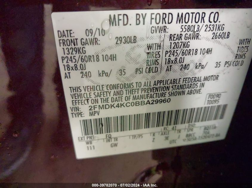 2011 Ford Edge Limited VIN: 2FMDK4KC0BBA29960 Lot: 39782070