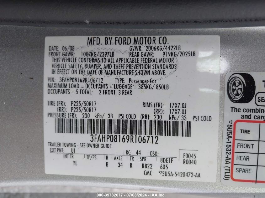 2009 Ford Fusion Sel VIN: 3FAHP08169R106712 Lot: 39782077