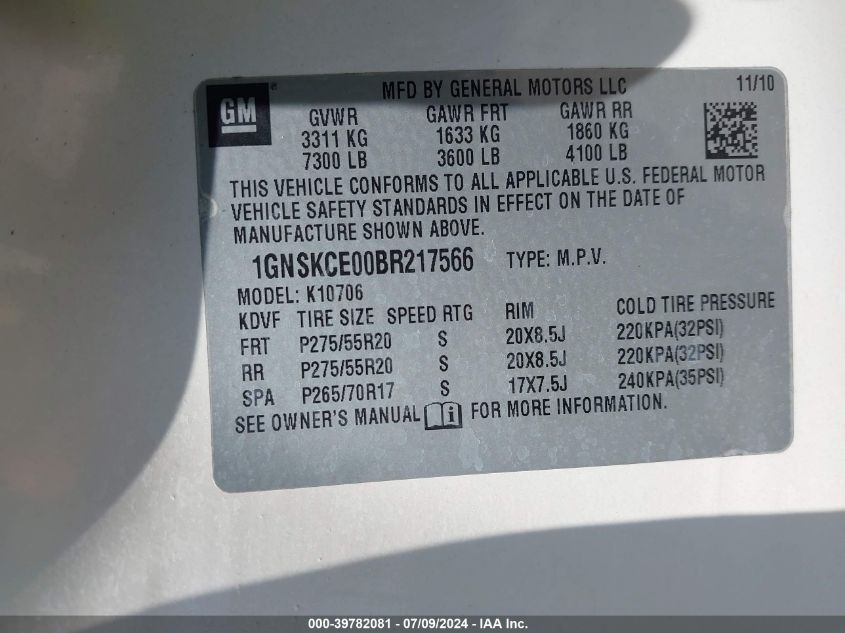 2011 Chevrolet Tahoe Ltz VIN: 1GNSKCE00BR217566 Lot: 39782081