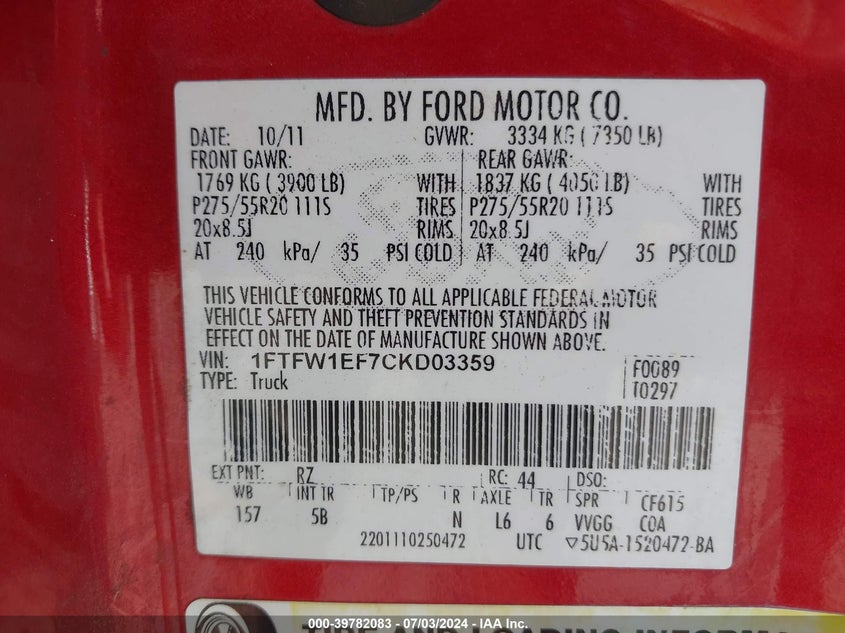 2012 Ford F-150 Fx4 VIN: 1FTFW1EF7CKD03359 Lot: 39782083