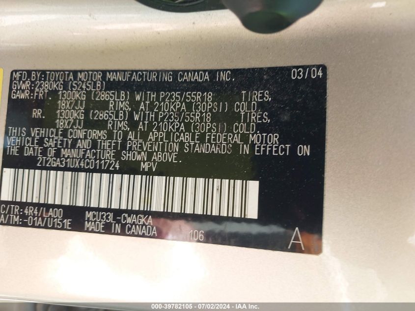 2004 Lexus Rx 330 VIN: 2T2GA31UX4C011724 Lot: 39782105