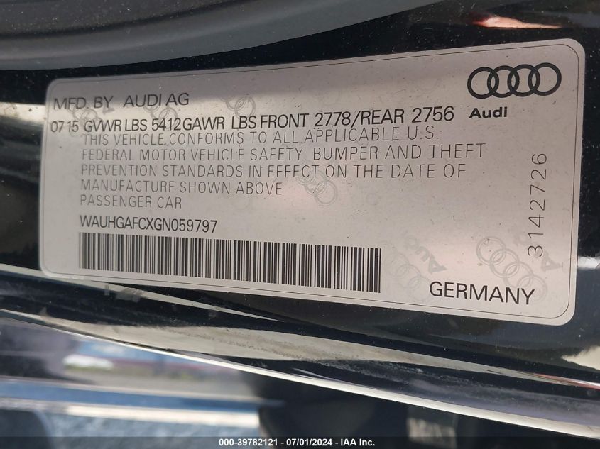 2016 Audi A6 3.0T Premium Plus VIN: WAUHGAFCXGN059797 Lot: 39782121