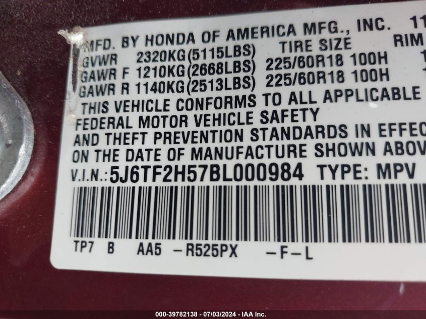 2011 Honda Accord Crosstour Ex-L VIN: 5J6TF2H57BL000984 Lot: 39782138