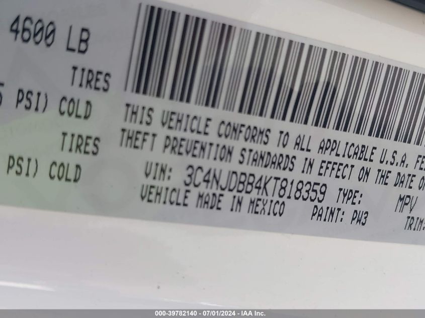 2019 Jeep Compass Latitude 4X4 VIN: 3C4NJDBB4KT818359 Lot: 39782140
