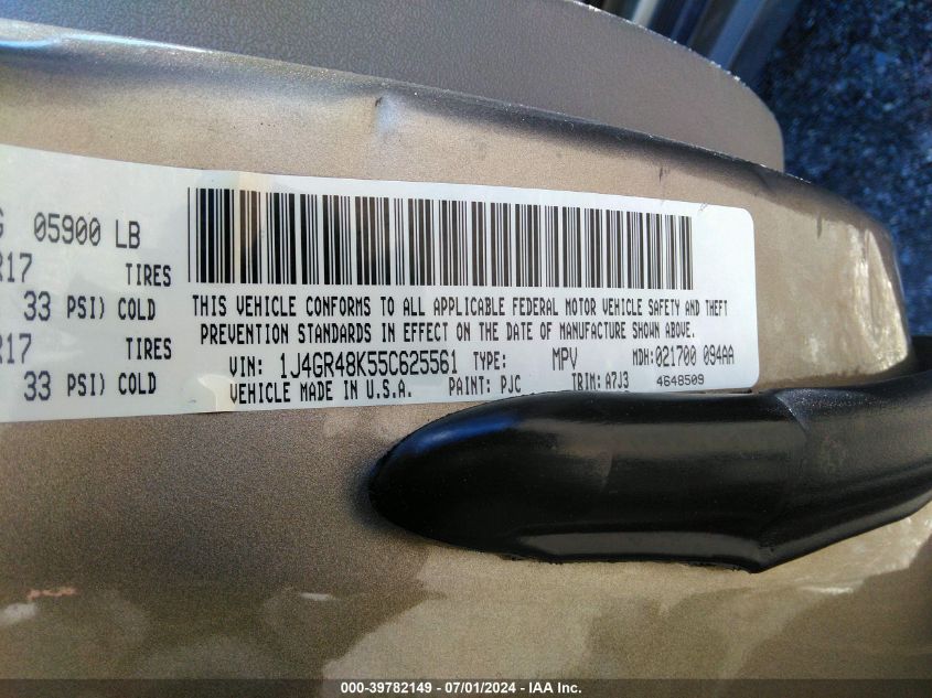 2005 Jeep Grand Cherokee Laredo VIN: 1J4GR48K55C625561 Lot: 39782149