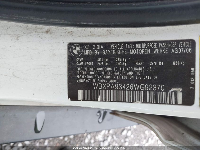 2006 BMW X3 3.0I VIN: WBXPA93426WG92370 Lot: 39782154