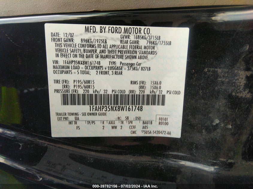 2008 Ford Focus Se VIN: 1FAHP35NX8W161748 Lot: 39782156