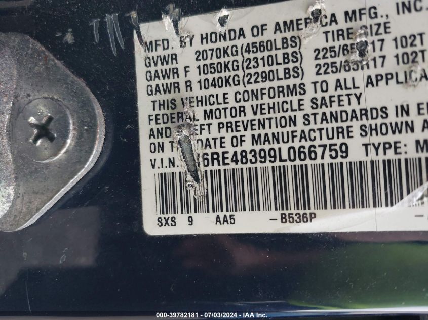 2009 Honda Crv Lx VIN: 5J6RE4A399L066759 Lot: 39782181