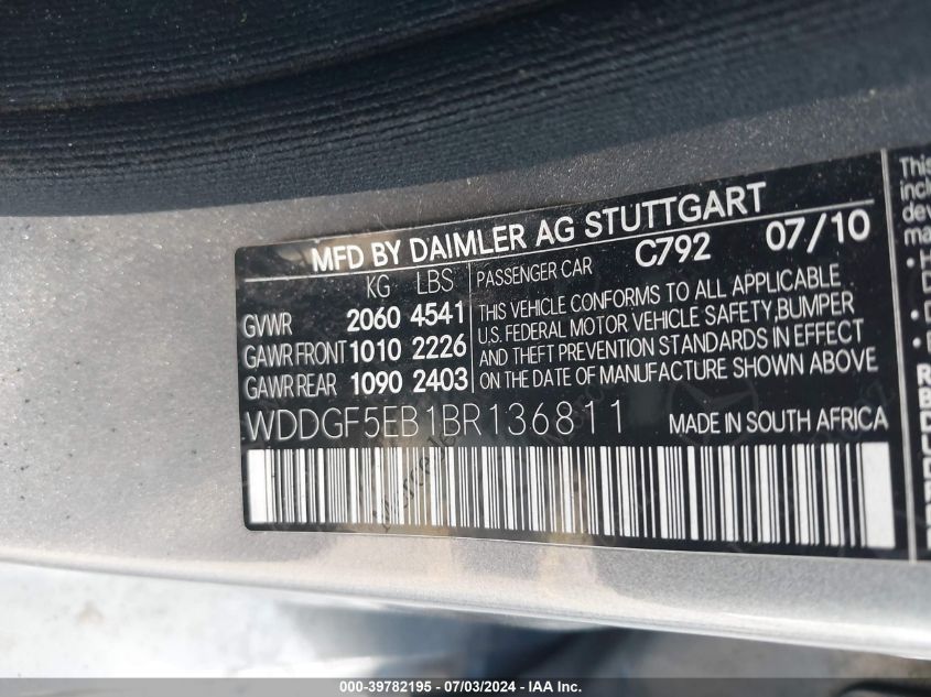 2011 Mercedes-Benz C 300 VIN: WDDGF5EB1BR136811 Lot: 39782195