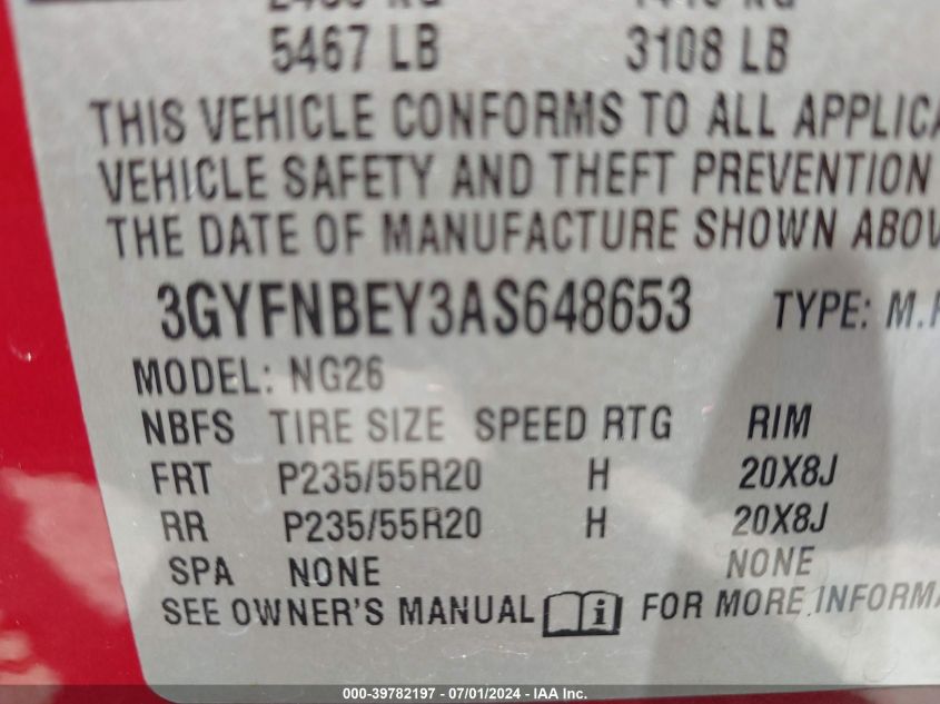 2010 Cadillac Srx Performance Collection VIN: 3GYFNBEY3AS648653 Lot: 39782197