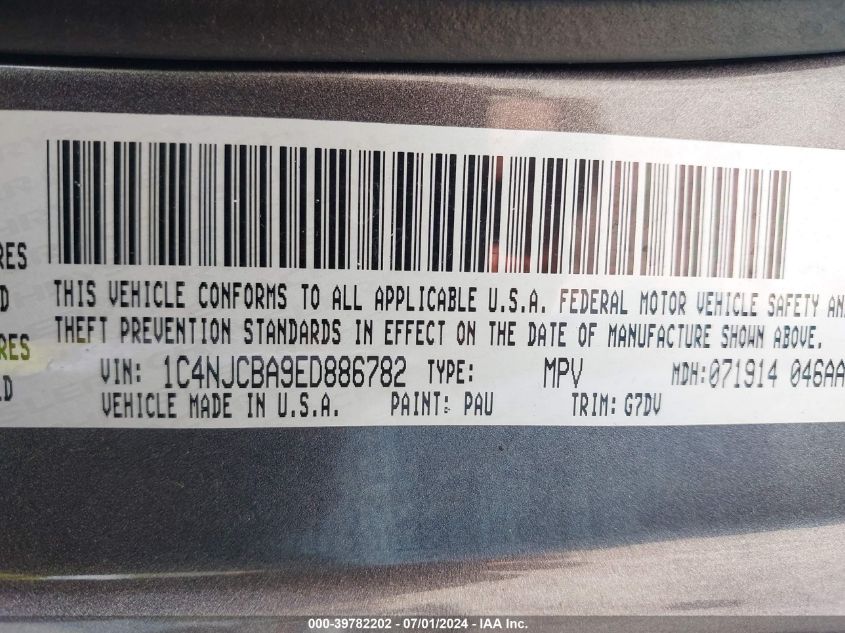 2014 Jeep Compass Altitude VIN: 1C4NJCBA9ED886782 Lot: 39782202