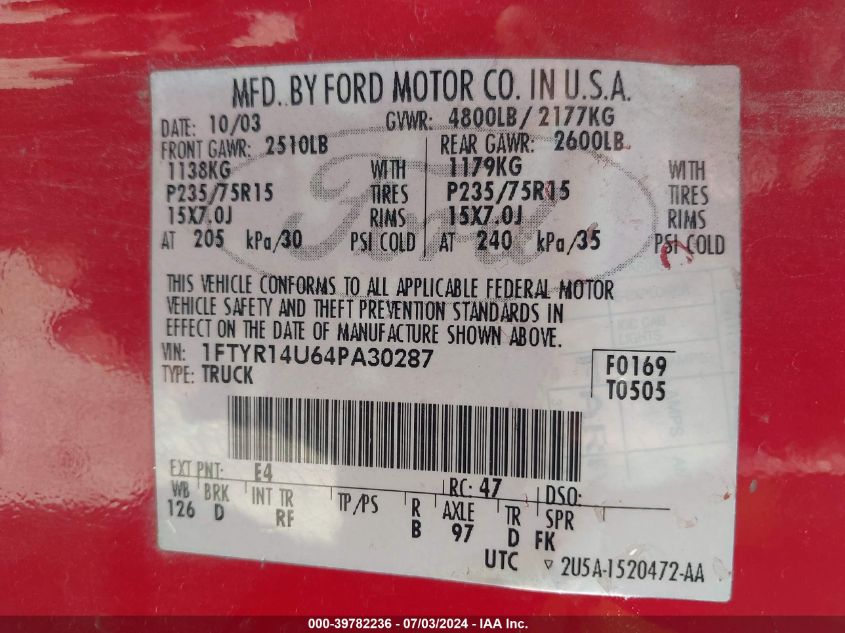 2004 Ford Ranger Super Cab VIN: 1FTYR14U64PA30287 Lot: 39782236