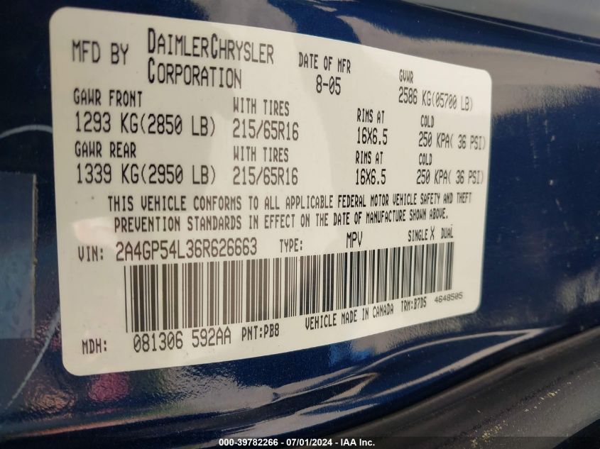 2006 Chrysler Town & Country Touring VIN: 2A4GP54L36R626663 Lot: 39782266