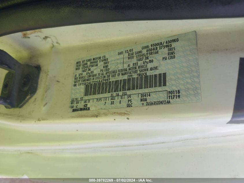 2002 Ford E-350 Super Duty Commercial/Recreational VIN: 1FTSE34L72HA47997 Lot: 39782269