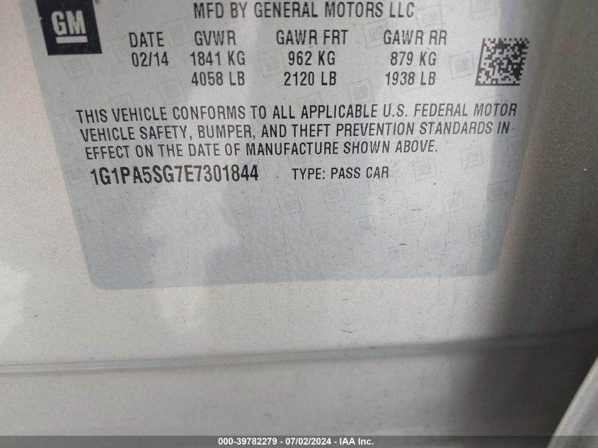 2014 Chevrolet Cruze Ls VIN: 1G1PA5SG7E7301844 Lot: 39782279