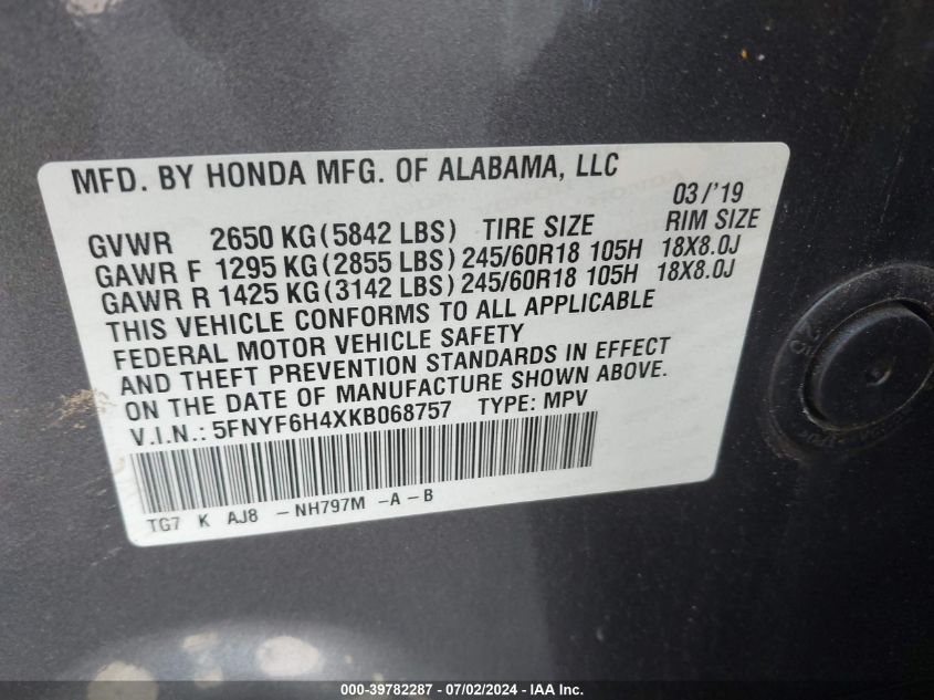 2019 Honda Pilot Ex-L VIN: 5FNYF6H4XKB068757 Lot: 39782287