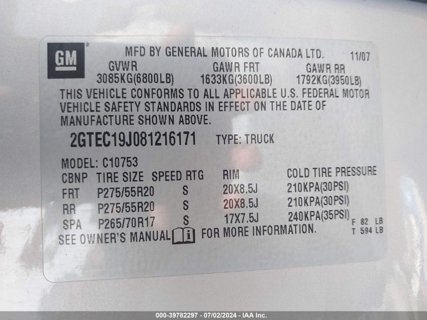 2008 GMC Sierra C1500 VIN: 2GTEC19J08121617 Lot: 39782297