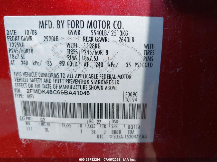 2009 Ford Edge Sel VIN: 2FMDK48C69BA41046 Lot: 39782298