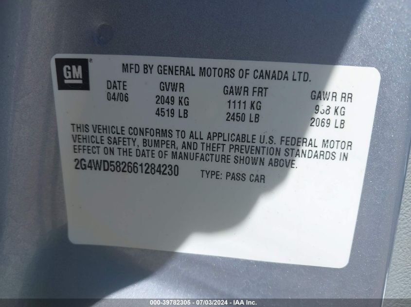 2006 Buick Lacrosse Cxl VIN: 2G4WD582661284230 Lot: 39782305