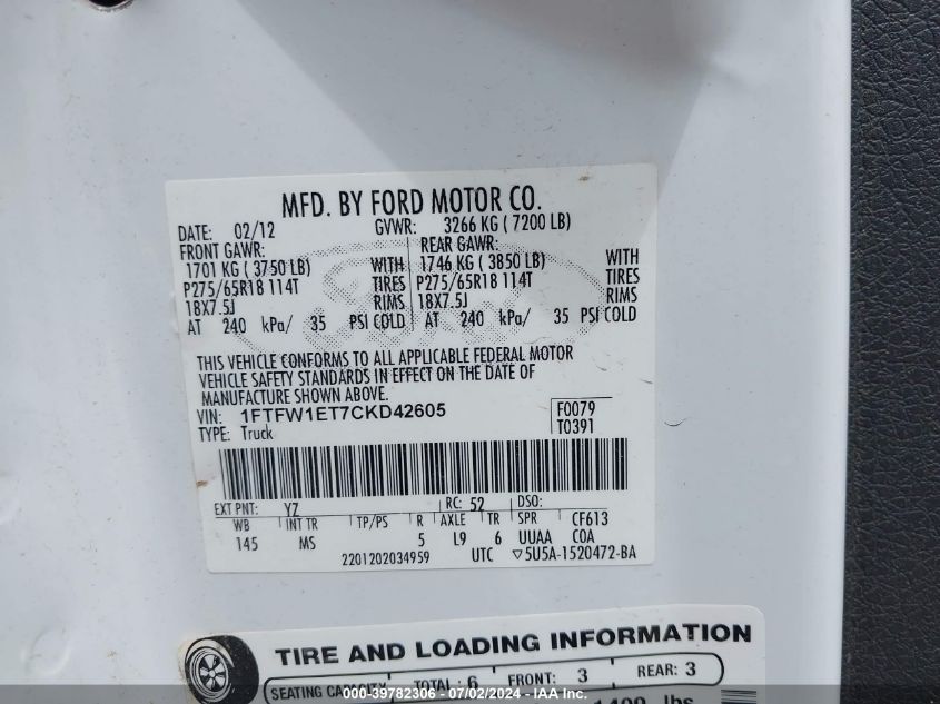 2012 Ford F-150 Xlt VIN: 1FTFW1ET7CKD42605 Lot: 39782306