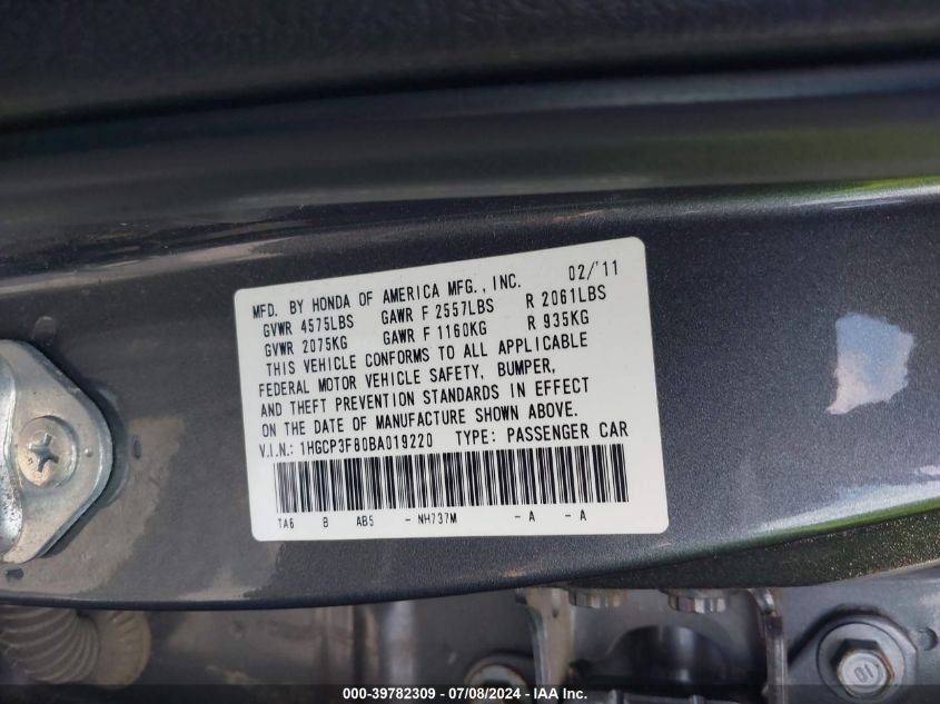 2011 Honda Accord VIN: 1HGCP3F80BA019220 Lot: 39782309