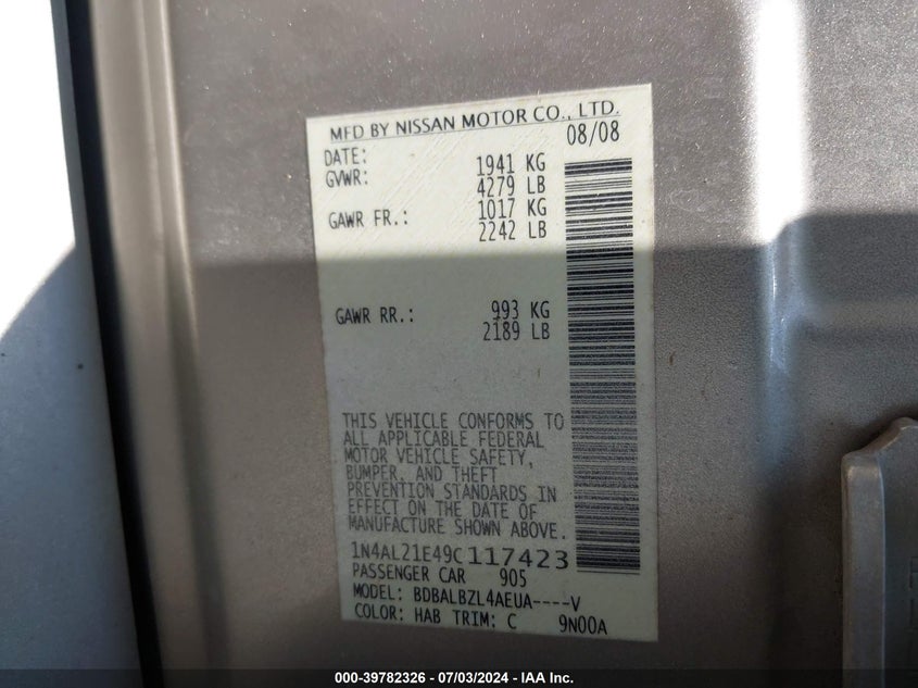 2009 Nissan Altima 2.5 S VIN: 1N4AL21E49C117423 Lot: 39782326