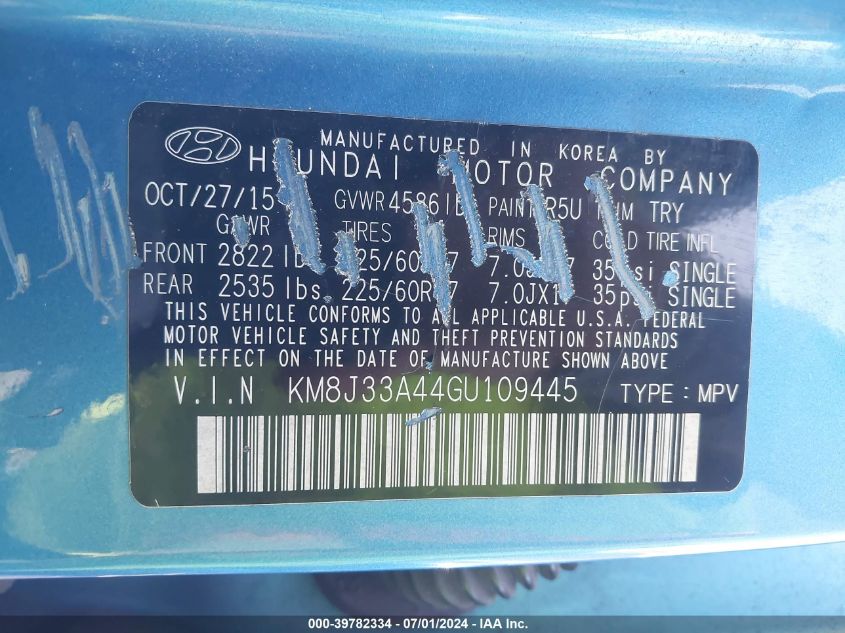 2016 Hyundai Tucson Se VIN: KM8J33A44GU109445 Lot: 39782334