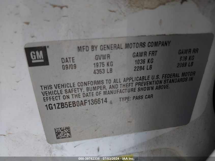 2010 Chevrolet Malibu Ls VIN: 1G1ZB5EB0AF136614 Lot: 39782335