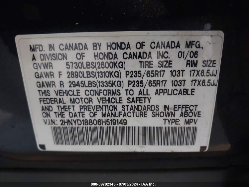2006 Acura Mdx VIN: 2HNYD18806H519149 Lot: 39782345