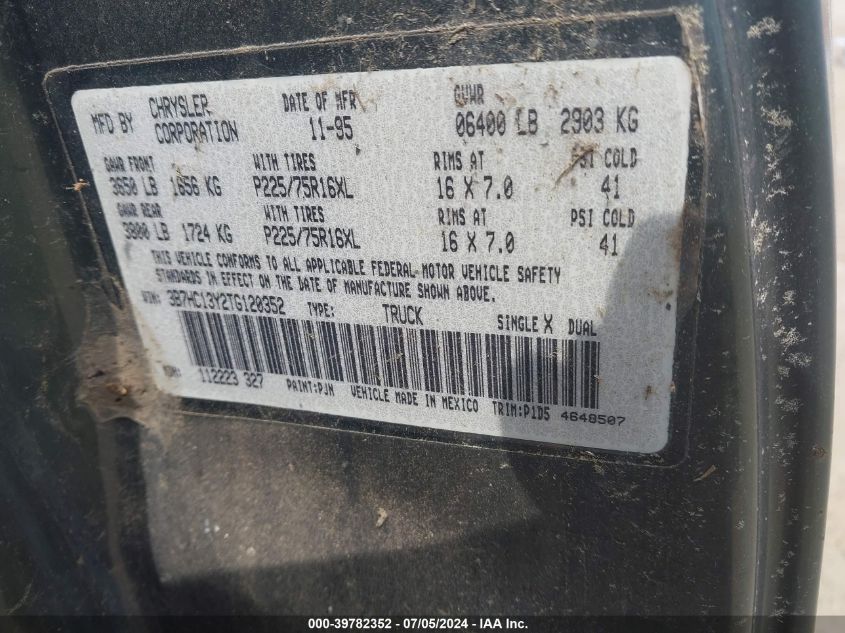 1996 Dodge Ram 1500 VIN: 3B7HC13Y2TG120352 Lot: 39782352