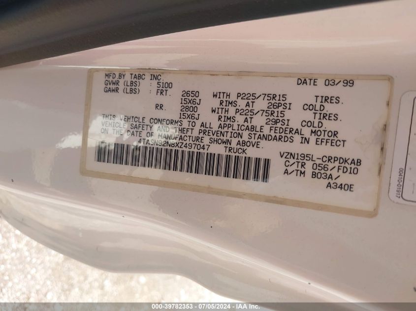 1999 Toyota Tacoma Prerunner V6 VIN: 4TASN92N8XZ497047 Lot: 39782353