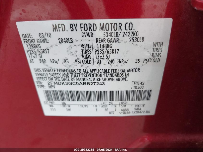 2010 Ford Edge Se VIN: 2FMDK3GC0ABB27243 Lot: 39782355