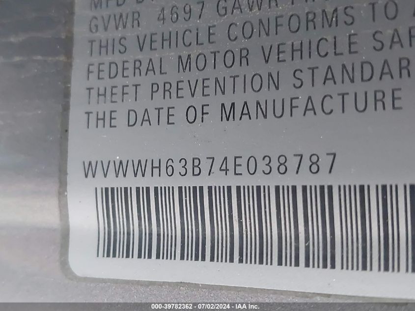 2004 Volkswagen Passat Glx VIN: WVWWH63B74E038787 Lot: 39782362